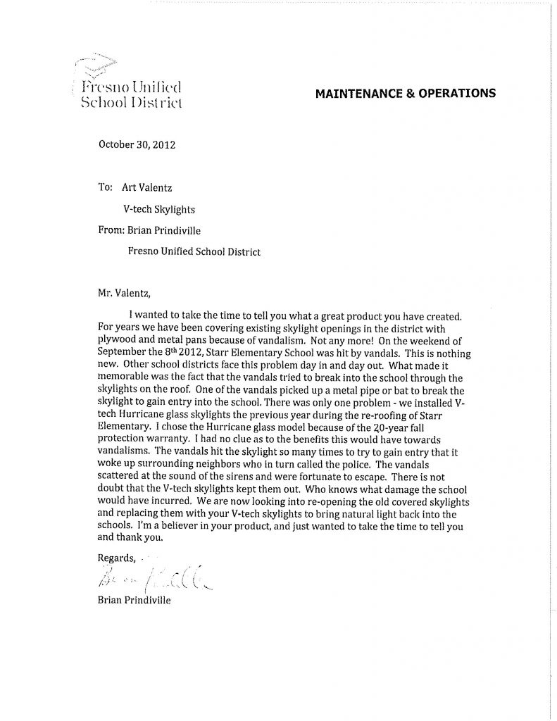 Here is an outstanding testimonial letter we recently received from Brian Prindiville with the Fresno Unified School District in California.