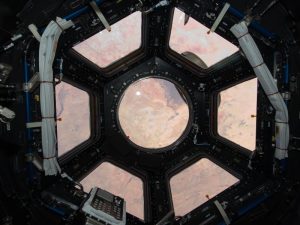 Looking through the Space Shuttle's skylight.