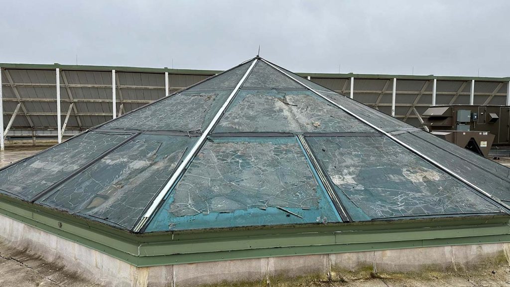 An image of the failed "tint" on the exterior of the skylight.