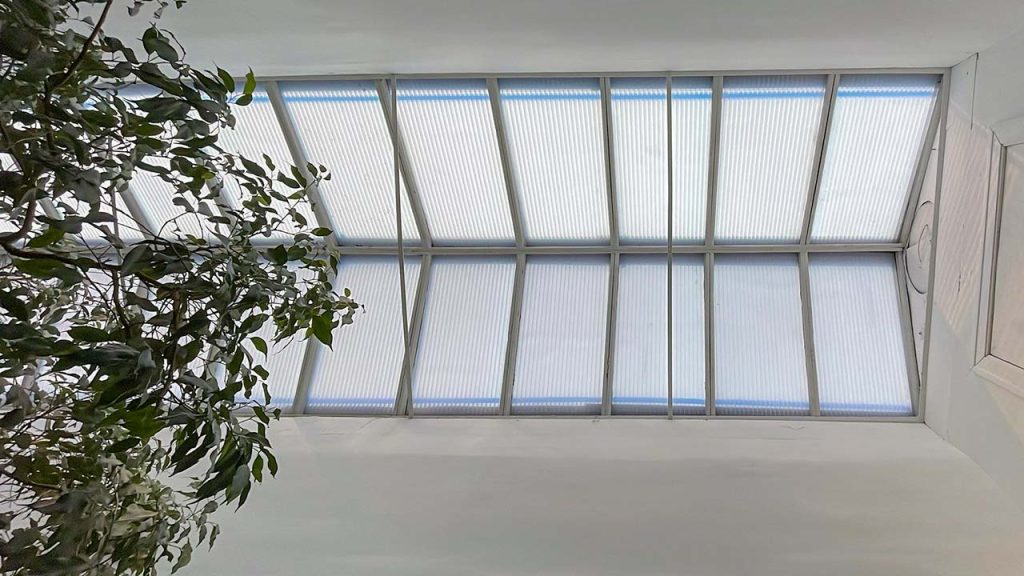 An image of the finished skylight from inside the store