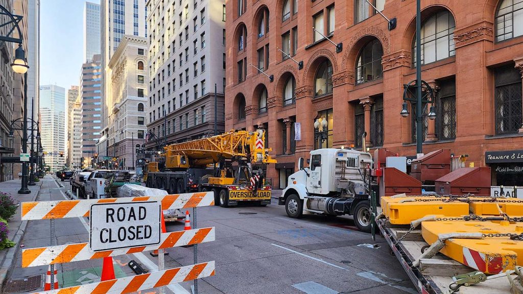 The street is closed for the crane setup.