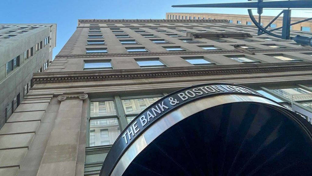 A view looking up the building's facade.