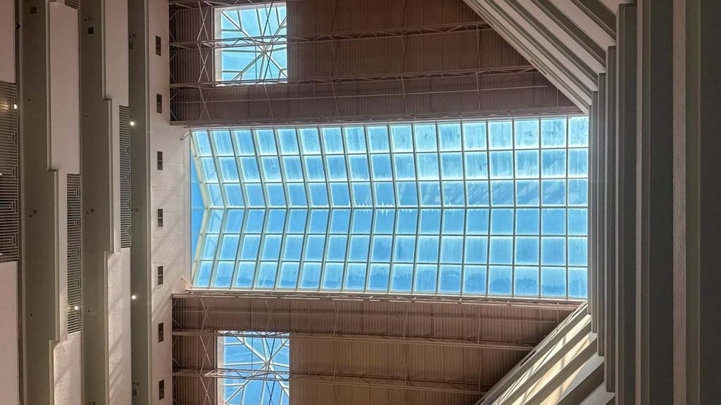 An image of the atrium skylights from inside.