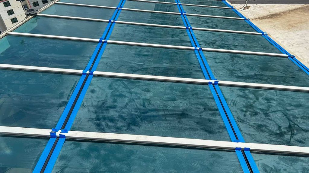 A portion of masking after applying sealant.