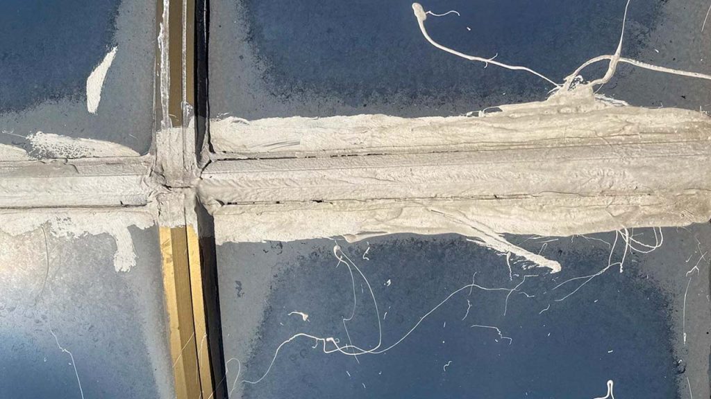 Q closeup view of mineral deposits and sloppi;ly applied caulking material seen from the exterior.