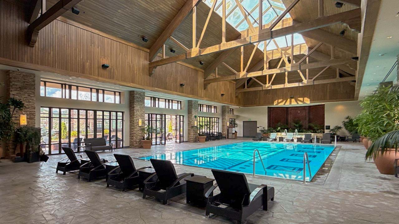 Indoor pool at Ameristar Casino, featuring a large skylight that lets in natural light.