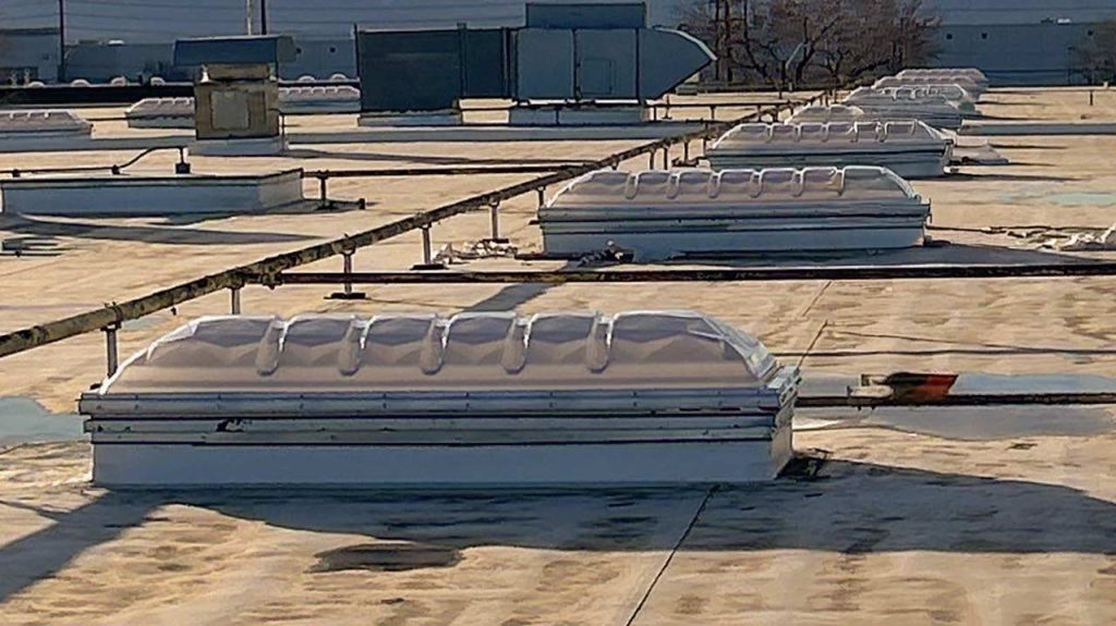 Flat industrial rooftop with multiple white skylights aligned in rows. Sunlight casts shadows, creating a geometric pattern and a calm atmosphere.
