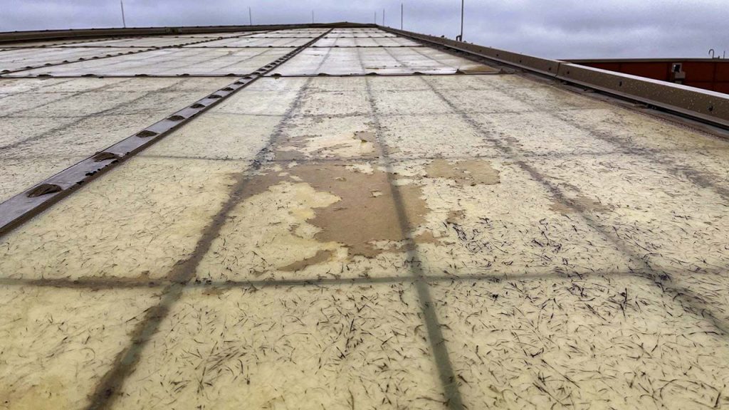 A weathered fiberglass skylight with visible damage and discoloration, showing cracks and wear. The overcast sky adds a gloomy tone to the image.