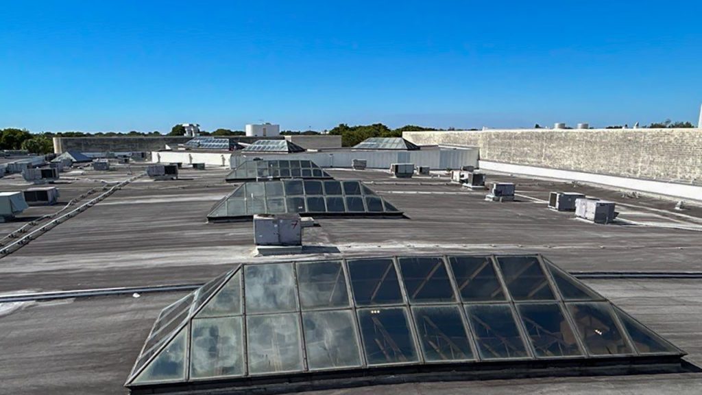 Rooftop view of a large flat building with multiple skylights. The scene conveys a sunny day with a clear blue sky and rooftops extending into the distance.