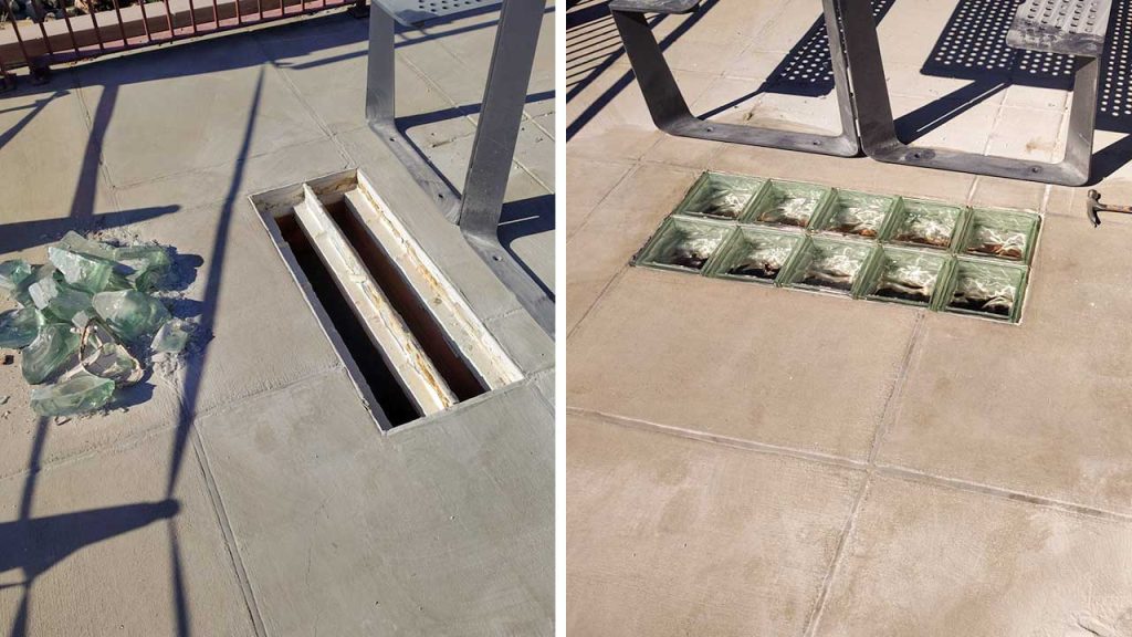 Left: Broken green glass scattered next to an empty rectangular frame on a tiled surface. Right: Intact rectangular green glass panels installed on similar tiles.