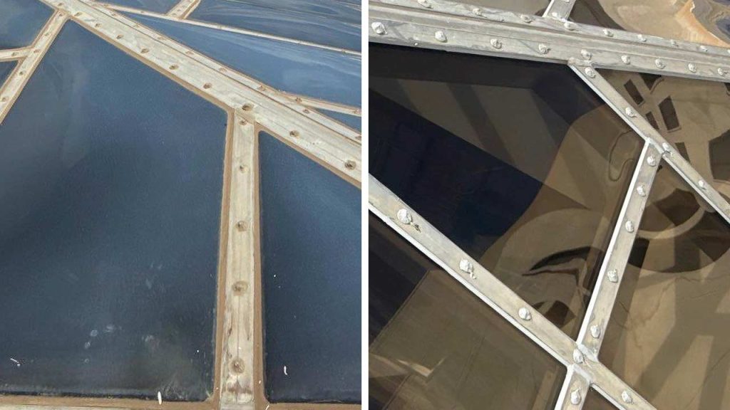 Two side-by-side images display triangular polymer panels with metal frames. The left panel is fogged and dirty, while the right is clean, showing clear reflections.