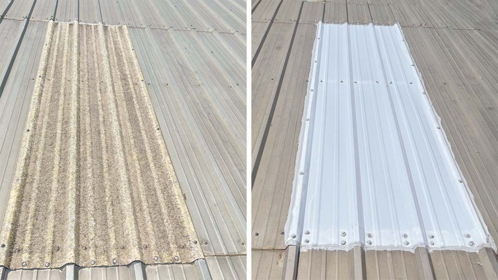 A metal roof is shown in before/after panels. The left panel displays a dirty, weathered section. The right panel shows the same area new,, bright white replacement panel.