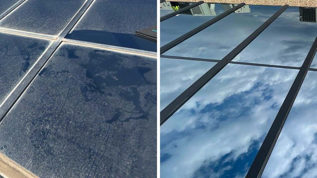 Side-by-side comparison of skylight glass: left shows dirty panes with accumulated grime, right displays clean panes reflecting a bright blue sky.