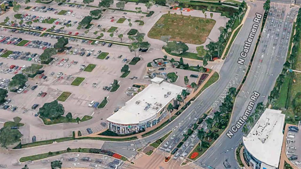 Aerial satellite view of West Elm retail building location along N Cattlemen Rd