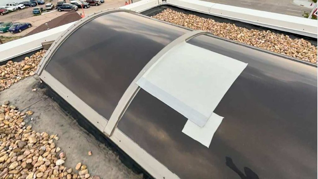 Commercial barrel vault skylight with temporary patch repair work on a gravel roof at Wyoming Tribune Eagle.
